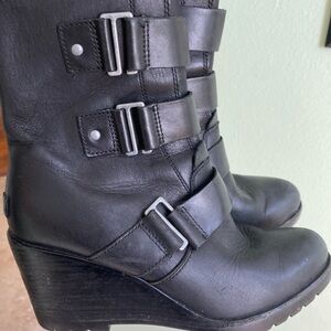 Sorel Black Buckle Wedge Boots